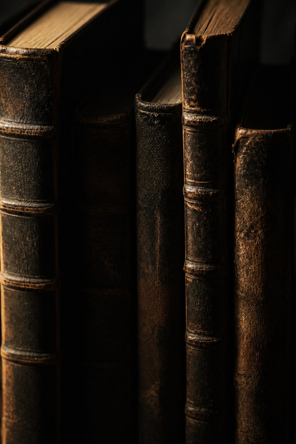 Reliures de livres anciens éclairées par une lumière chaude